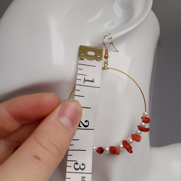 Vibrant Red Coral and Faux Pearl Beaded Hoop Earrings - Picture 4 of 5